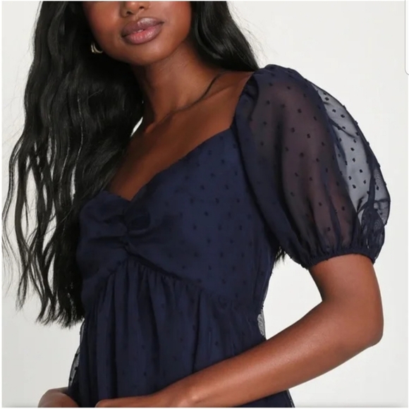 Lulus Always Delight Navy Blue Swiss Dot Puff Sleeve Open Tie Back Midi Dress - Picture 2 of 14